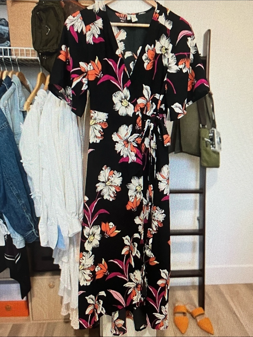 Japna Black Floral Midi Dress with White, Orange & Pink Blooms